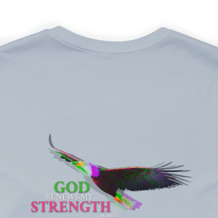 God Renews My Strength Men’s Unisex Jersey Short Sleeve Tee (Back Design).