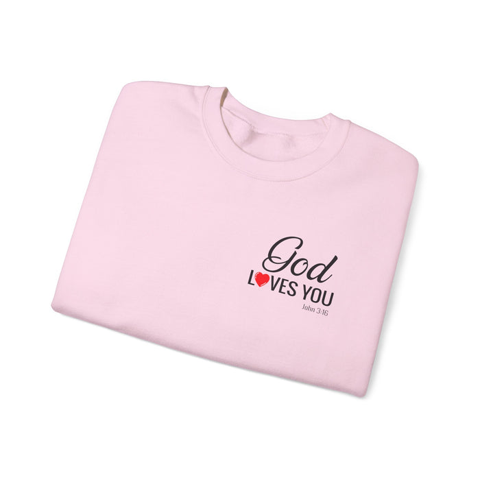 God Loves You (back) Crewneck Sweatshirt – Faith-Inspired Christian Pullover