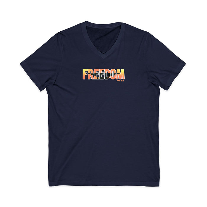 Freedom V-Neck Tee – Sunrise Gradient "FREEDOM" Graphic Shirt