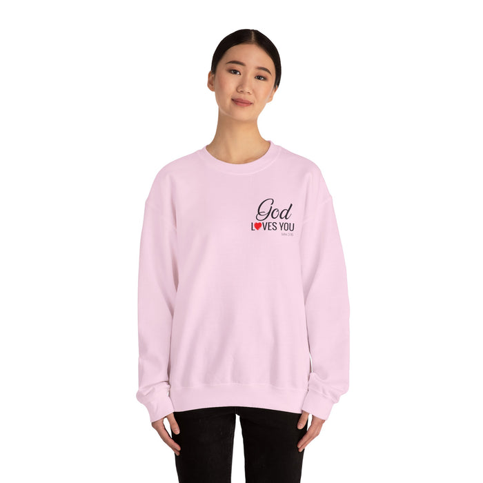 God Loves You (back) Crewneck Sweatshirt – Faith-Inspired Christian Pullover