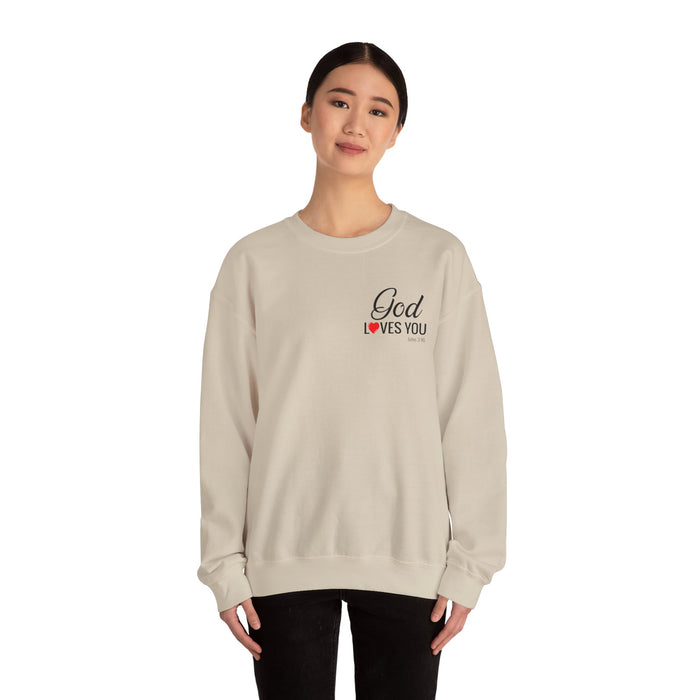 God Loves You (back) Crewneck Sweatshirt – Faith-Inspired Christian Pullover