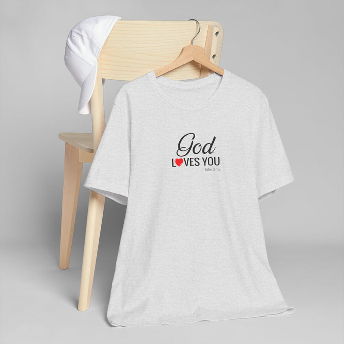 God Loves You T-Shirt — Christian Faith Tee with Heart Accent