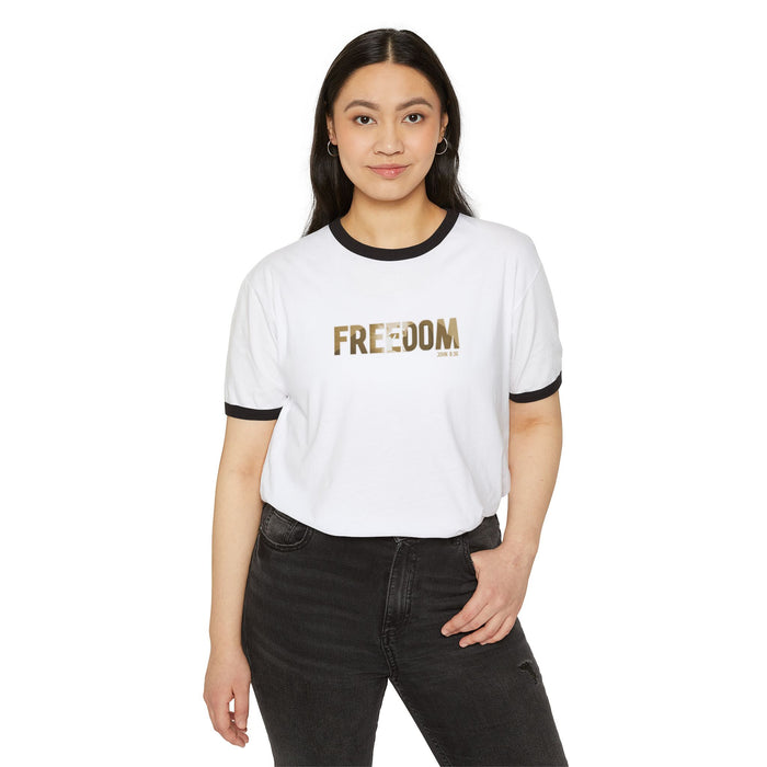 Freedom Ringer T-Shirt — Vintage Military Camo Text Tee