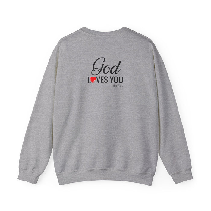 God Loves You (back) Crewneck Sweatshirt – Faith-Inspired Christian Pullover