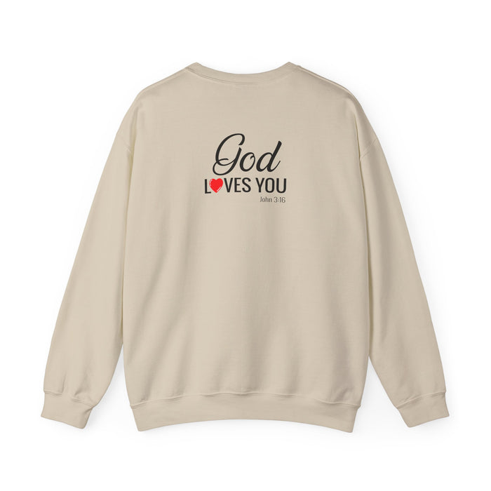God Loves You (back) Crewneck Sweatshirt – Faith-Inspired Christian Pullover