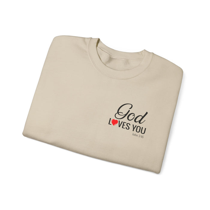 God Loves You (back) Crewneck Sweatshirt – Faith-Inspired Christian Pullover