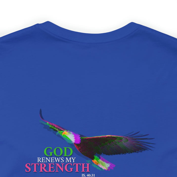 God Renews My Strength Men’s Unisex Jersey Short Sleeve Tee (Back Design).