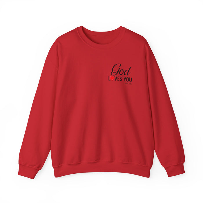 God Loves You (back) Crewneck Sweatshirt – Faith-Inspired Christian Pullover