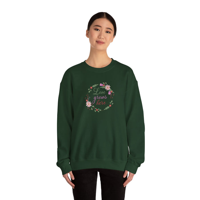 Crewneck Sweatshirt — "Love Grows Here" Floral Wreath Cozy Pullover