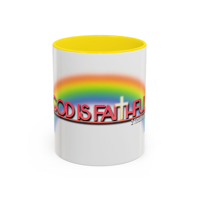 God Is Faithful Rainbow Accent Coffee Mug — Christian Scripture 2 Timothy 2:13