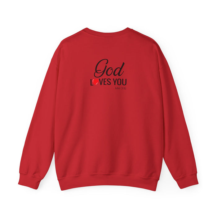 God Loves You (back) Crewneck Sweatshirt – Faith-Inspired Christian Pullover