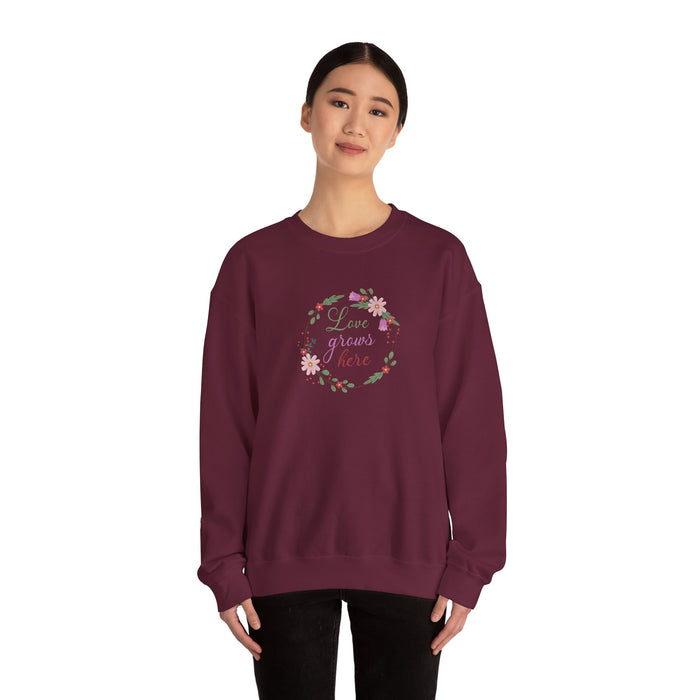 Crewneck Sweatshirt — "Love Grows Here" Floral Wreath Cozy Pullover