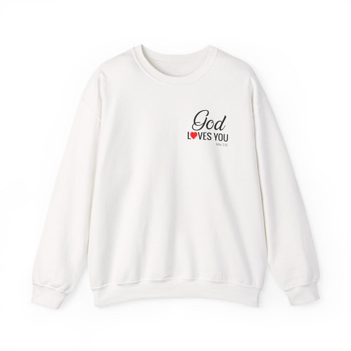 God Loves You (back) Crewneck Sweatshirt – Faith-Inspired Christian Pullover
