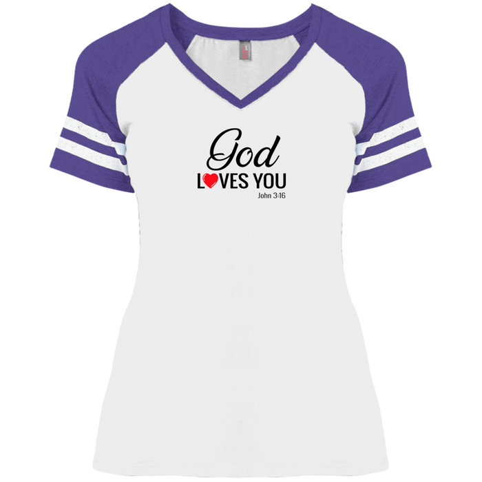 God Loves You Ladies Game V Neck Tee Shirt