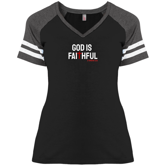 God is Faithful Ladies Game V Neck Tee Shirt
