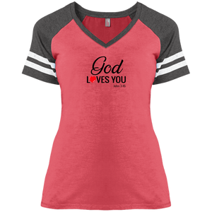 God Loves You Ladies Game V Neck Tee Shirt